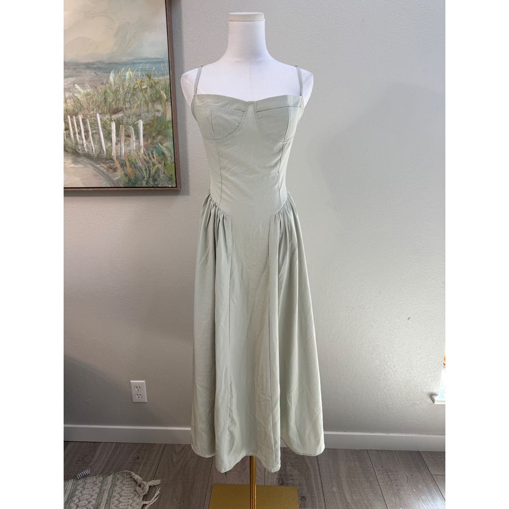 Sage Green Bustier Basque Waist Midi Dress Sleeveless Pleated Skirt Size M